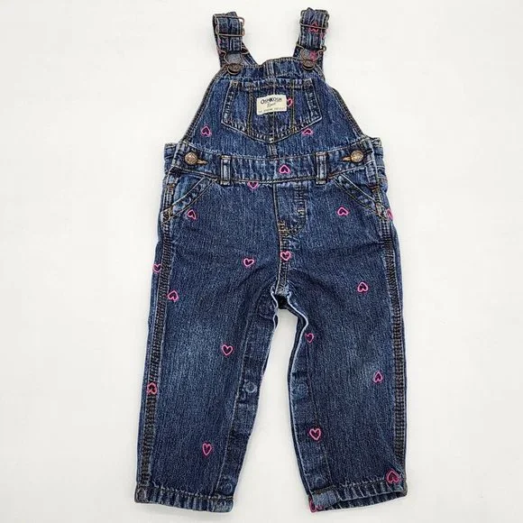 OshKosh B'Gosh Vestbak Denim Overalls with Embroidered Pink Hearts Size 9 Mo. - Picture 1 of 4